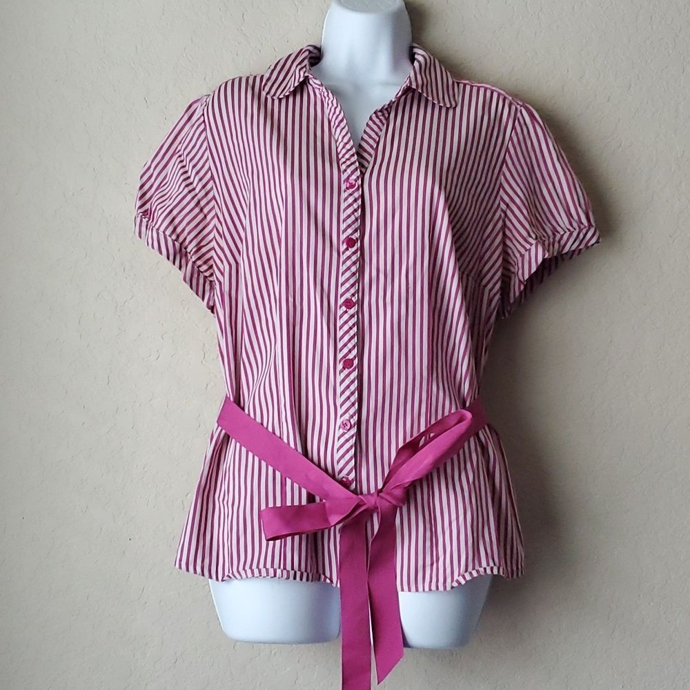 Lane Bryant 1X Striped Top Puff Sleeve Waist Tie Button Up Pink White